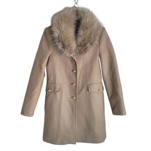 Zara Monteco Wool Peacoat Jacket Women's Size Medium Tan Brown Faux Fur Collar